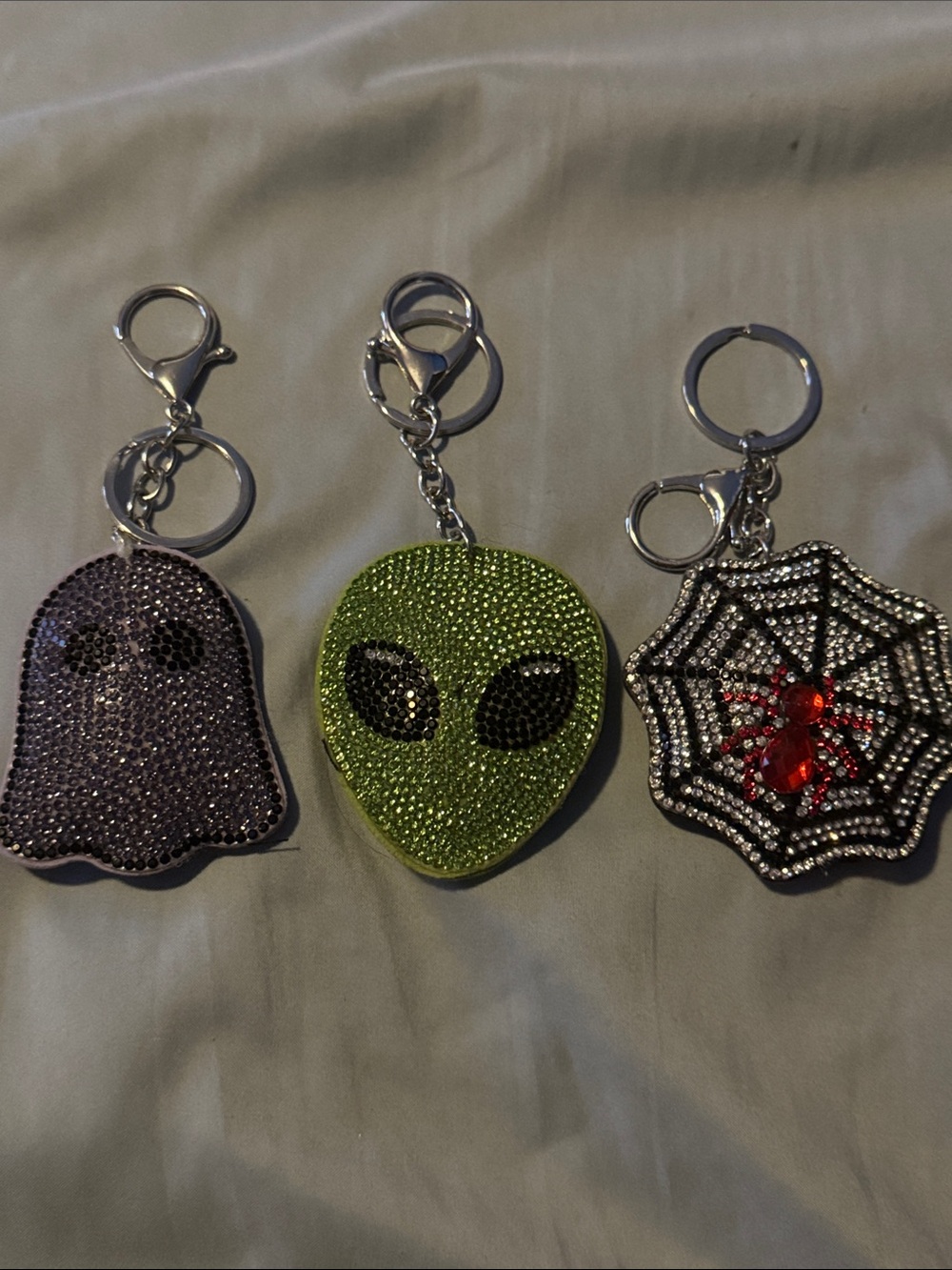 Rhinestone Alien, Ghost & Spider Web Keychain Trio